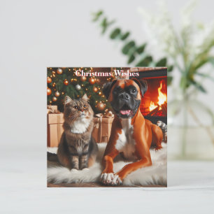 Cartão De Festividades Cão Boxer e Gato de Natal