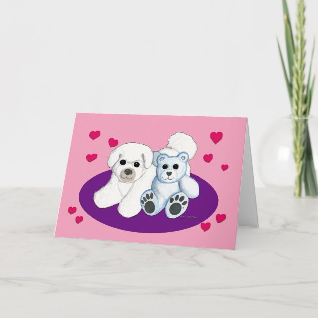 Cartão De Festividades Cão branco e Namorados Ursinho (Frente)