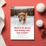 Cartão De Festividades Cão Cachorro Engraçado Foto de Pet Natal<br><div class="desc">Celebre os feriados com o "Cartão Feriado de Natal Engraçado de Cachorro Engraçado" com uma mensagem divertida, "Tentei ser bom, mas ser fofo foi mais fácil!" ao lado de um cão de estimação alegre correndo na neve, este cartão adiciona humor às suas saudações de Natal. A escrita vermelha festiva e...</div>