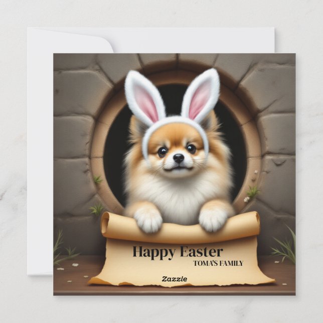 Cartão De Festividades Cão da Pomerânia - com Nome da Família (Verso)