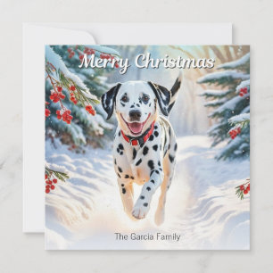 Cartão De Festividades Cão Dalmata no Natal Moderno com Neve de Inverno