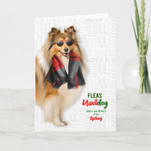 Cartão De Festividades Cão de Ovelha Shetland Divertido Pulgas Navidog co
