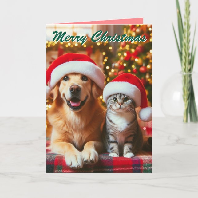 Cartão De Festividades Cão e Gato Festivo de Natal (Frente)