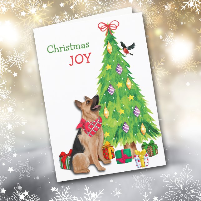 Cartão De Festividades Cão german shepherd, pássaro e árvore de Natal (Criador carregado)