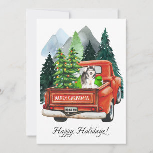 Cartão De Festividades Cão Husky de Natal e Caminhão Antigo Aquarela