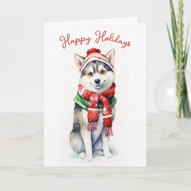 Cartão De Festividades Cão Husky Siberiano de Natal em Flocos de Neve (Frente)