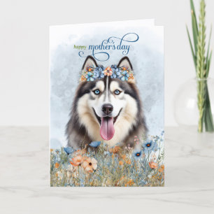 Cartão De Festividades Cão Husky Siberiano Flores Silvestres Dia das Mães