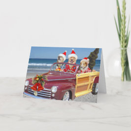 Cartão De Festividades Cão/laboratório na praia no chapéu do papai noel &