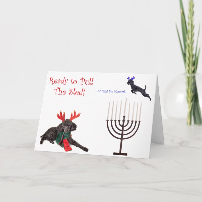 Cartão De Festividades Cão Poodle de Hanukkah de Natal w Menorah (Frente)