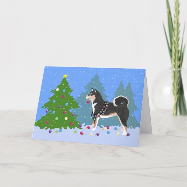 Cartão De Festividades Cão Shiba Inu Decorre Árvore de Natal (Frente)