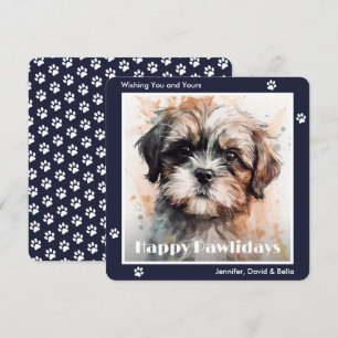 Cartão De Festividades Cão Shih Tzu Água Azul Natal Aguarela