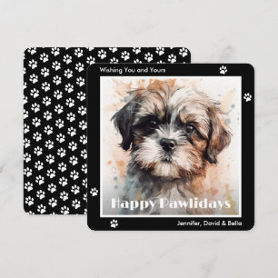 Cartão De Festividades Cão Shih Tzu Preto Natal Aquarela