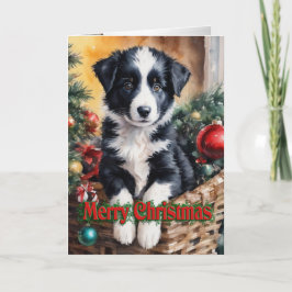 Cartão De Festividades Cãozinho Collie de Natal numa cesta