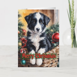 Cartão De Festividades Cãozinho Collie de Natal numa cesta