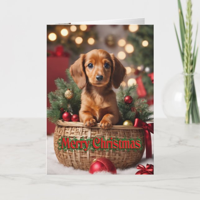Cartão De Festividades Cãozinho de Natal num cesto de férias Doxie (Frente)