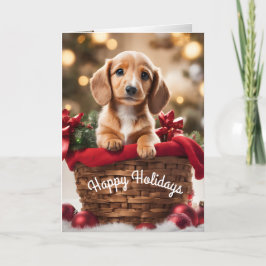 Cartão De Festividades Cãozinho de Natal num cesto de férias Doxie