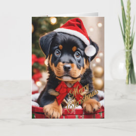 Cartão De Festividades Cãozinho de Natal Rottweiler numa cesta