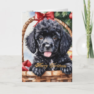Cartão De Festividades Cãozinho de Poodle de Natal numa cesta