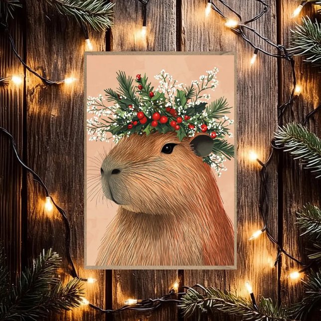 Cartão De Festividades Capybara Christmas Holly Baby Breath Crown (Criador carregado)