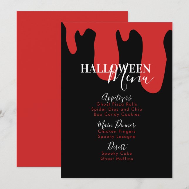 Cartão De Festividades Cardápio de Aniversário de Halloween com Sangue de (Frente/Verso)
