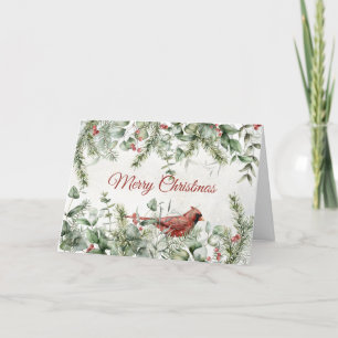 Cartão De Festividades Cardeal com Folhagem de inverno e Berries