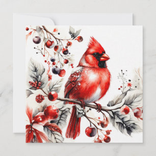 Cartão De Festividades Cardeal Vermelho Watercolor no Berry Branch