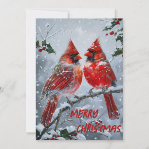 Cartão De Festividades Cardinais Vermelhos Vibrantes em um Galho Nevado