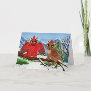 Cartão De Festividades Cardinal Cats Winter Birds Fantasy Art Card