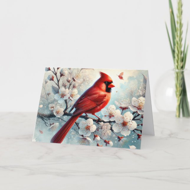Cartão De Festividades Cardinal de Inverno com Flores de Natal (Frente)