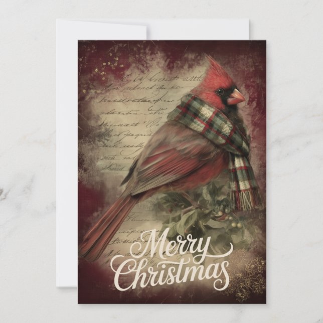 Cartão De Festividades Cardinal em Holly Branch & Snowflake Script (Frente)