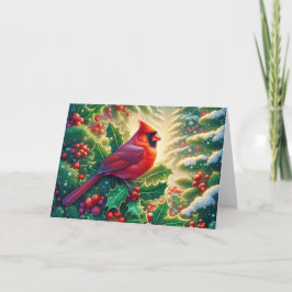 Cartão De Festividades Cardinal Vermelho de Inverno em Azevinho