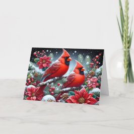 Cartão De Festividades Cardinal Vermelho de Inverno em Poinsettias Natal