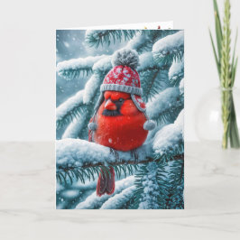 Cartão De Festividades Cardinal Vermelho de Natal Usando Chapéu de Invern