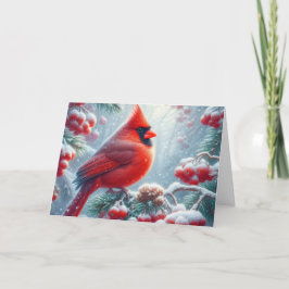Cartão De Festividades Cardinal Vermelho Invernal Nevado em Azevinho