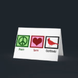 Cartão De Festividades Cardinhos do Peace Love<br><div class="desc">Um bonito presente cardeal com um sinal de paz,  coração e belo pássaro vermelho. Um presente de passarinho fofo para um observador de pássaros que ama belos pássaros assistindo e colecionando presentes legal. Cardeais de Paz e Amor.</div>