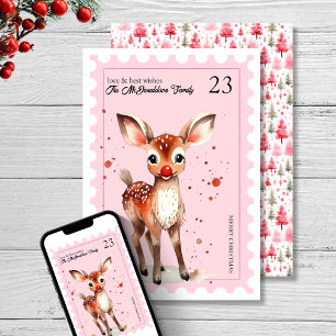 Cartão De Festividades Carimbo Vintage Reindet Watercolor Pink Natal