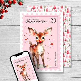 Cartão De Festividades Carimbo Vintage Reindet Watercolor Pink Natal
