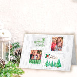 Cartão De Festividades Carimbos de Foto e Árvore de Natal<br><div class="desc">Cartão de Natal com selos de correio antigos, personalizado com 2 das suas fotografias favoritas e dentro de saudação personalizada. A design apresenta 4 carimbos, escritos com a letra natalícia (Feliz e Brilho, Deixe nevar e Feliz Natal) e um padrão de fundo de árvores de natal de pinheiros rabiscados numa...</div>
