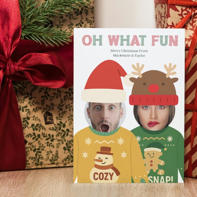 Cartão De Festividades Carinha Engraçada e Engraçada de Natal Feia Person (Ugly Christmas Sweater Funny Face Personalized Holiday Card by Ricaso. Add your own faces.)