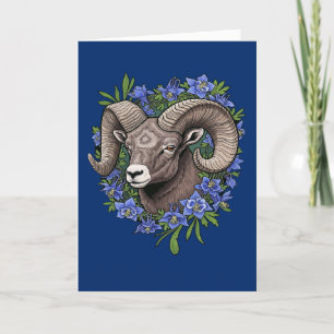 Cartão De Festividades Carneiro de Chifre Grande e Flores de Columbine Az