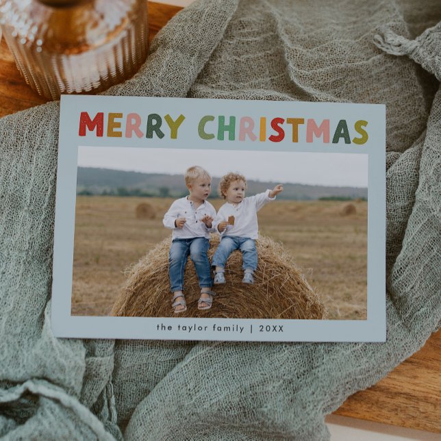 Cartão De Festividades CarOL Blue Cute Children Foto Feliz Natal (CAROL Blue Cute Children Photo Merry Christmas Holiday Card)
