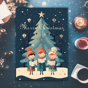 Cartão De Festividades Carolas de Natal Vintage Meados do Século Retro