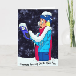 Cartão De Festividades Caroler Frio de Natal Cantando Sobre Um Fogo Abert