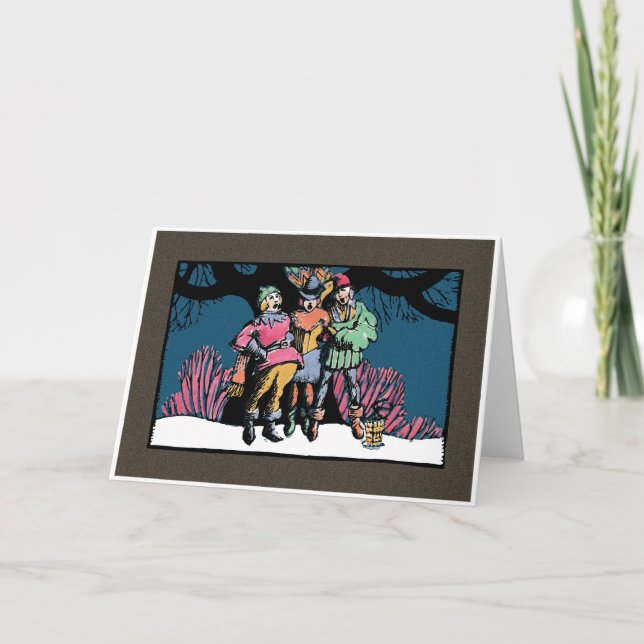 Cartão De Festividades Carolers medievais do Woodblock-Estilo (Frente)