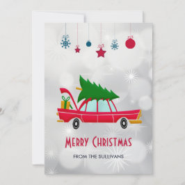 Cartão De Festividades Carregando de carro vermelho retrô em árvore de Na