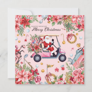 Cartão De Festividades Carrinho de golfe rosa com tema de Natal do Papai