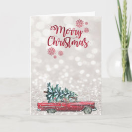Cartão De Festividades Carro Antigo Árvore de Pinheiro, Bokeh Brilhante