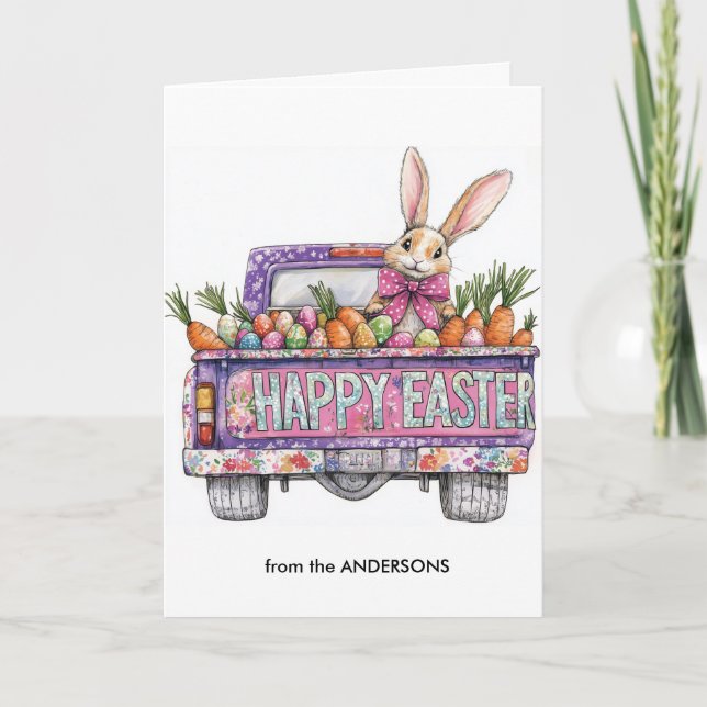 Cartão De Festividades Carro cheio de ovos de Páscoa e coelho (Frente)