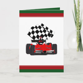 Cartão De Festividades Carro de Corrida Vermelha com Bandeira Verificada
