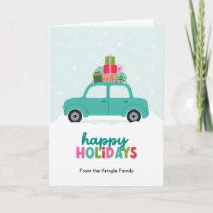 Cartão De Festividades Carro de Feliz Natal com Presentes em Azul Água